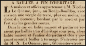 1833 advert in L'Impartial offering Nicolas Le Quesne's Rouge Bouillon house for sale