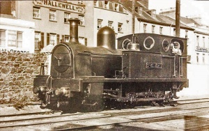 Locomotive St Helier's in front of Hallewell's Hotel on the Esplanade