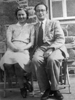 George Eugene Le Brocq and his wife at the Bivouac Cafe, Corbiere, in 1945