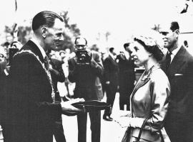 Fred Clarke, the first of the family elected Constable of St Helier, meets the Queen and Prince Philip in 1953
