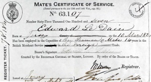 Edward Le Dain's mate's certificate