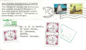 A 1970 letter from Rhodesia was charged at Postage Due rates because the stamps issued by the new regime were declared illegal by the British Government
