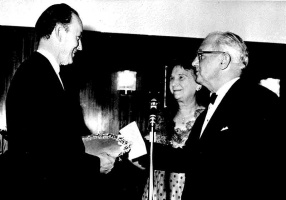 Mr Peter Hardiman of Jersey Contractors, receives a solid silver plate from Mr George Seymour, Chairman of Seymours Ltd, at the official opening of the Hotel de la Plage, Jersey’s newest luxury hotel. Mr Hardiman was site foreman on the building project, the largest contract placed by a private company in the history of building in the Channel Islands. Despite the worst weather on record and other local difficulties the job was completed on schedule.