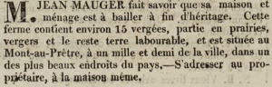 In 1824 Jean Mauger advertised his Mont au Pretre farm for sale in Chronique de Jersey