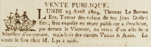 Thomas Le Breton, guardian of the children of the late Jean Dolbel, sold on their behalf three-eights of the cutters Venus and Aunt