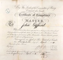 Master's Certificate of Jean Giffard, born in St Peter in 1820, and married to Elizabeth Marie Bisson in 1846. The couple had four children