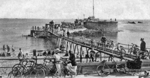 Bicycles by the bridge to the pool