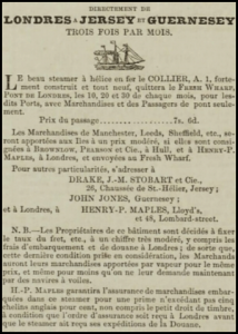The steamer Collier operated three return voyages a month betwen the Channel Islands and London, as advertised in Chronique de Jersey in 1850