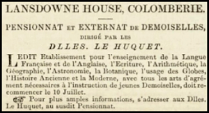 The Le Huquet sisters ran Lansdowne House School for girls in Colomberie, as advertised in Chronique de Jersey in 1850