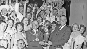Constable Percy Poingdestre with the BBC Top Town trophy in 1959