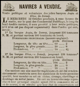 The barques Augia and Eliza were advertised for sale in Chronique de Jersey in 1870
