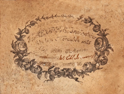 A thank-you card sent by successful candidate Francois Arthur to one of his supporters, Charles Journeaux, after the 1845 election for Jurat. It lay hidden beneath the floor of a Jersey house for 174 years until discovered there in 2019