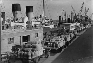 A picture by Leonard Skingle of potato lorries on the Albert Pier