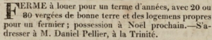 Daniel Pellier advertised his Trinity farm to let in Chronique de Jersey in 1824
