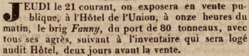 The 80-ton brig ‘’Fanny’’ was advertised for sale in Chronique de Jersey in 1816