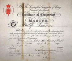 Master's Certificate of Philip Lawrence, born in Grouville in 1843, the son of Philip (1818- ) He married Margaret Craig in Dundee in 1865