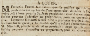 Francois Fauvel offered his house near the new market to rent in 1808