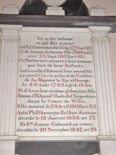 Memorial to Philippe d'Auvergne (1730-1779) and his wife Jeanne, nee Ricard (1740-1803) erected by eight of their children in St Ouen's Parish Church