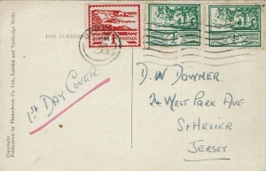 A postcard sent to D W Downer in 1943. His Occupation identity card shows him to have been Douglas William Downer, born in 1921