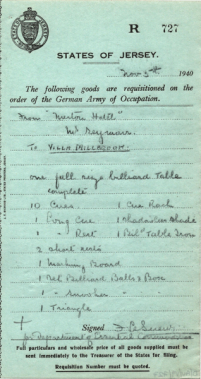 The Merton Hotel, turned into a hospital by the Germans, had to hand over their billiard table for use by officers living at Villa Millbrook. Every cue, rest, marking board and set of balls was itemised on the requisition form