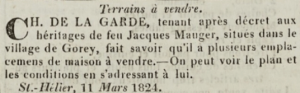 Building plots at Gorey which had been owned by the late Jacques Mauger were offered for sale by Jean de La Garde in Chronique de Jersey in 1824