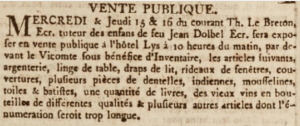 Thomas Le Breton, guardian of the children of the late Jean Dolbel, organised a sale of household goods before the Viscount