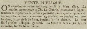 Charles Queree’s house near the Hospital was advertised for sale in ‘’Gazette de l’Ile de Jersey’’ in 1803