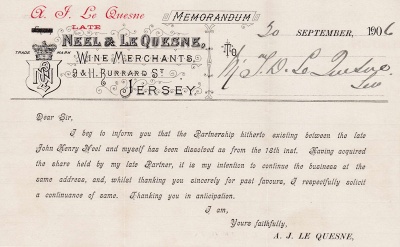 A memorandum announcing that Adolphus Le Quesne had bought his late partner's share in the merchants' business in 1906 ...