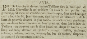Philippe de Gruchy, previously employed by Chevalier and Co as a master tailor, announced in the Gazette de l'Ile de Jersey in 1803 that he had established his own business in Mr Simonet's property in Rue de Derriere. The road which became King Street some years later was still very much in its infancy as a retail street and there were no property numbers until the 1820s.