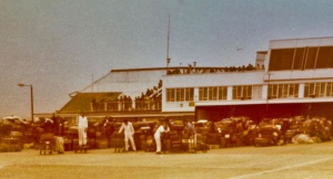 Baggage builds up on the apron during a foggy spell in 1979