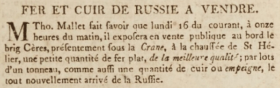 Thomas Mallet offered iron and leather for sale on the brig Ceres in January 1804