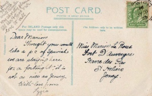 A postcard sent to Miss Marion Le Roux at Fort d'Auvergne
