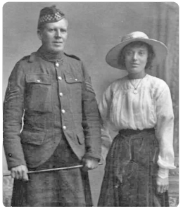 Sgt William Warren Bell and May Minnie, nee Quirk, on their wedding day in October 1917. Just 13 days after the wedding William, who was born in Gorey, Jersey, was posted to France with the Argyll and Sutherland Highlanders. He survived the war and he and May had three daughters and two sons