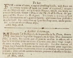 In 1808 Francis Le Rossignol advertised his St Ouen house, recently occupied by Lieut-General Don, for rent with 20 vergees of land, or more