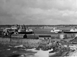 The harbourmouth and Elizabeth Castle beyond, viewed from the back of Victoria Pier in 1957. Now the area in the foreground is all reclaimed land