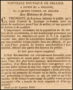 This 1850 advert in La Patrie shows that saddler C Truscott was one of the early traders at 1 Queen Street