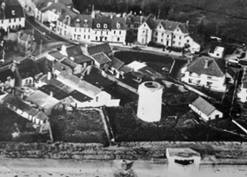 An aerial view of the village and its coastal tower