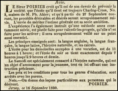 Mr Poirier's school advertised in Chronique de Jersey in 1830
