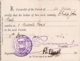 Philip John Noel's wartime ID card issued by the Parish of St Helier in 1940. These parish cards were a precursor of those ordered by the Germans for all islanders the following year