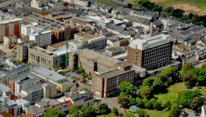 An aerial view of the hospital