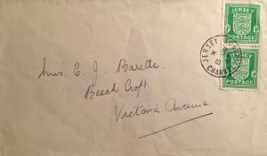 An envelope addressed to Mrs C J Barette at Victoria Avenue during the German Occupation. This was Clara Jane Barette, nee Le Brocq, born in 1879