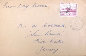 A first day cover sent to Mr Colbeck at Five Oaks in 1943