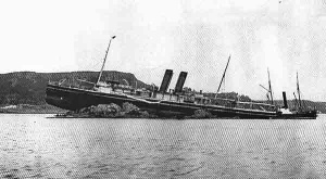 The Roebuck aground on rocks in Ouaisne Bay