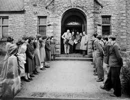 Polling day at the parish hall in a 1954 election for Senators
