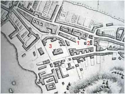 A map of the small town of St Helier in the late 17th century. 1 indicates the Royal Square; 2 the market cross; 3 the Town Church. This and the two 1691 maps suggests that the idea that the sea came right up to the Church walls, which we have always doubted, was incorrect