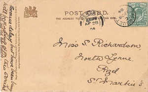 A postcard sent to Miss S Richardson in 1904. This was Sybil Maud, aged 19 at the time, the daughter of farmer John Dorey Richardson and Jane, nee Anley, of North Lynn. These Richardsons were one of the most prominent families of St Martin in the 19th and 20th centuries