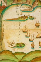 A 1543 map of St Aubin's Bay known as 'The Haven of Jersey' showing east at the top