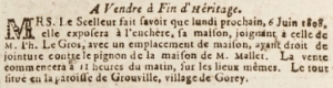 Mrs Le Scelleur advertised the sale of her Grouville house between those of Philippe Le Gros and M Mallet in Gazette de l'Ile de Jersey in 1809