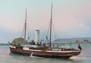 A hand-coloured slide of a mailboat leaving St Helier