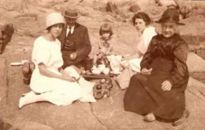 A picnic at La Corbiere in the 1920s. Marcelle, her mother Cedonie, aunt Mathilde and grandparents Gilles and Trephine Le Chevert, took the train for their outing